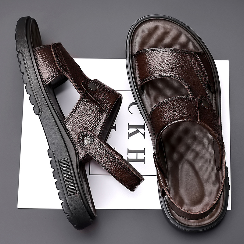 First-Layer Cowhide Summer New Style Sandals for Men, Casual Breathable Beach Shoes, Non-Slip Dad Slippers, Dropshipping Available