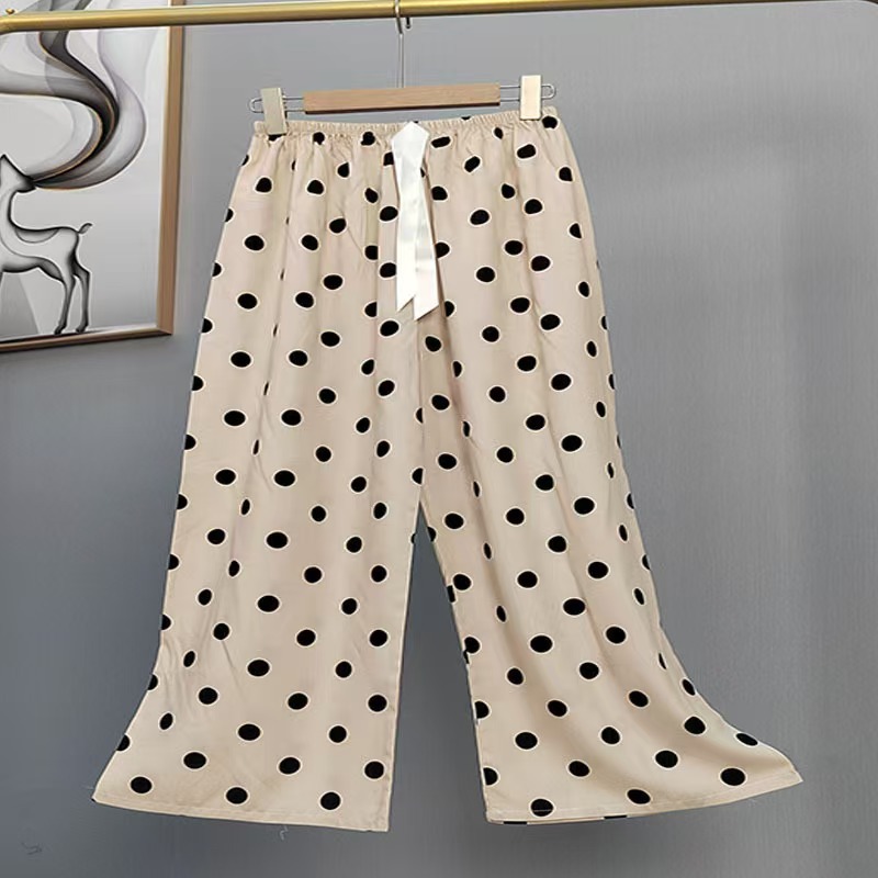 Pijama de seda de algodón para mujer, pantalones anchos de mujer embarazada de seda de algodón con estampado fino de verano