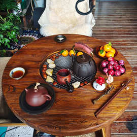 老榆木围炉煮茶桌子冬天室内冬日家用烤火炉套装茶桌圆形茶桌户外