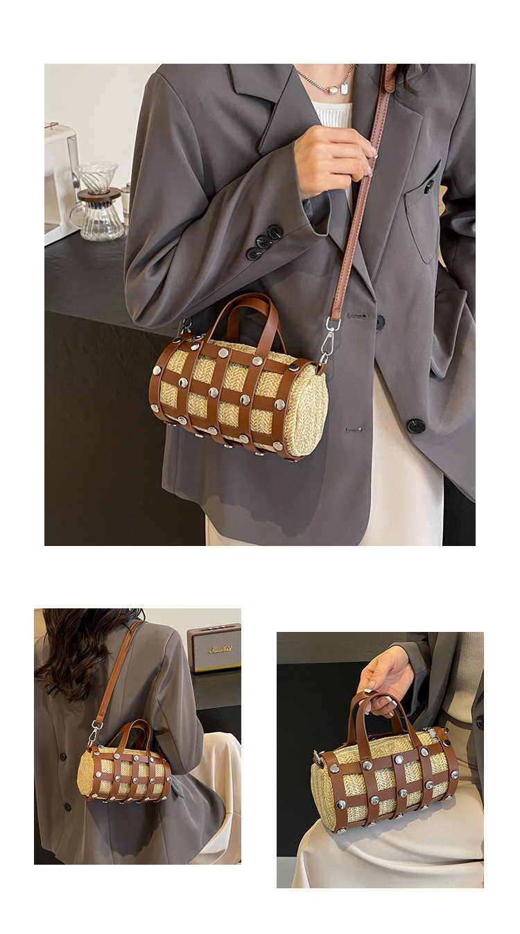 Women's Medium Straw Solid Color Vintage Style Streetwear Rivet Zipper Crossbody Bag display picture 8