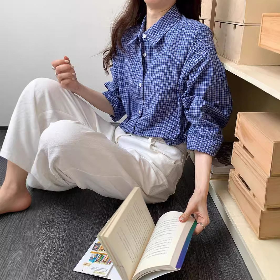 薇颂女装休闲长袖格子衬衫女秋季新款韩系宽松挺阔翻领开衫上衣