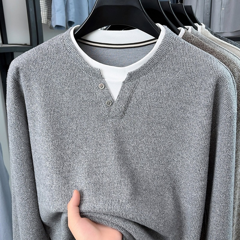 Cross-border men's autumn and winter new sweater, faux two-piece, casual long-sleeve knitwear for middle-aged men, loose-fitting outerwear, wholesale