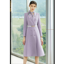 秋冬时尚紫色双排扣西装裙气质九分袖职业装连衣裙女中长款OL女裙