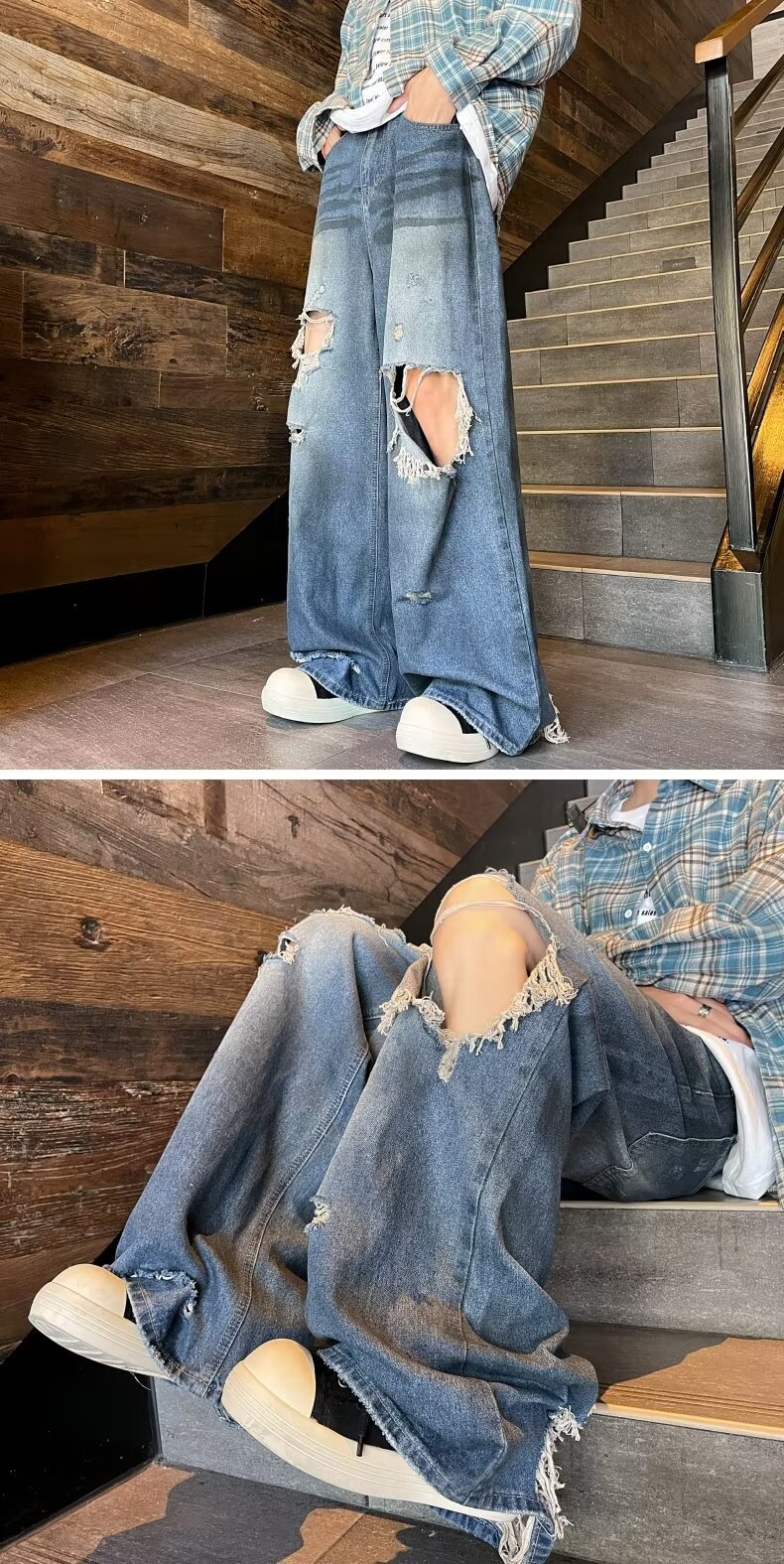 boy European And American Washed Vintage Ripped Jeans For Men, Unique Design, High Street Casual Versatile Fashion Wide-Leg_viptrois.com