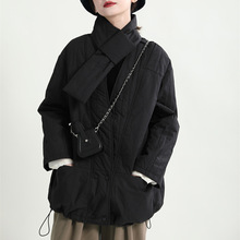 2021冬季時髦設計款斜扣日系黑色短款棉服寬松顯瘦外套女