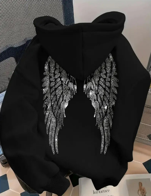 Women's Clothing Trendy Simple Design Wing Print Sweatshirt Casual Loose Sweatshirt Pullover Jacket_ecoleips.com