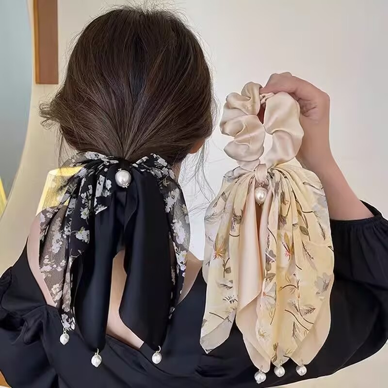 Elastico per capelli con fiocco e perle eleganti per bambine_voghion.com