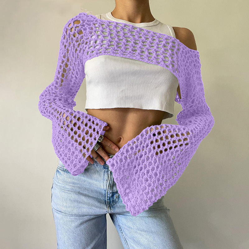 Cross-Border Amazon Sexy European and American Style Hollow-Out Knitwear Solid Color Round Neck Long-Sleeve Knit Top 2026 New Model Cross-Border Amazon Sexy European and American Style Hollow-Out Knitwear Solid Color Round Neck Long-Sleeve Knit Top 2026 New Model