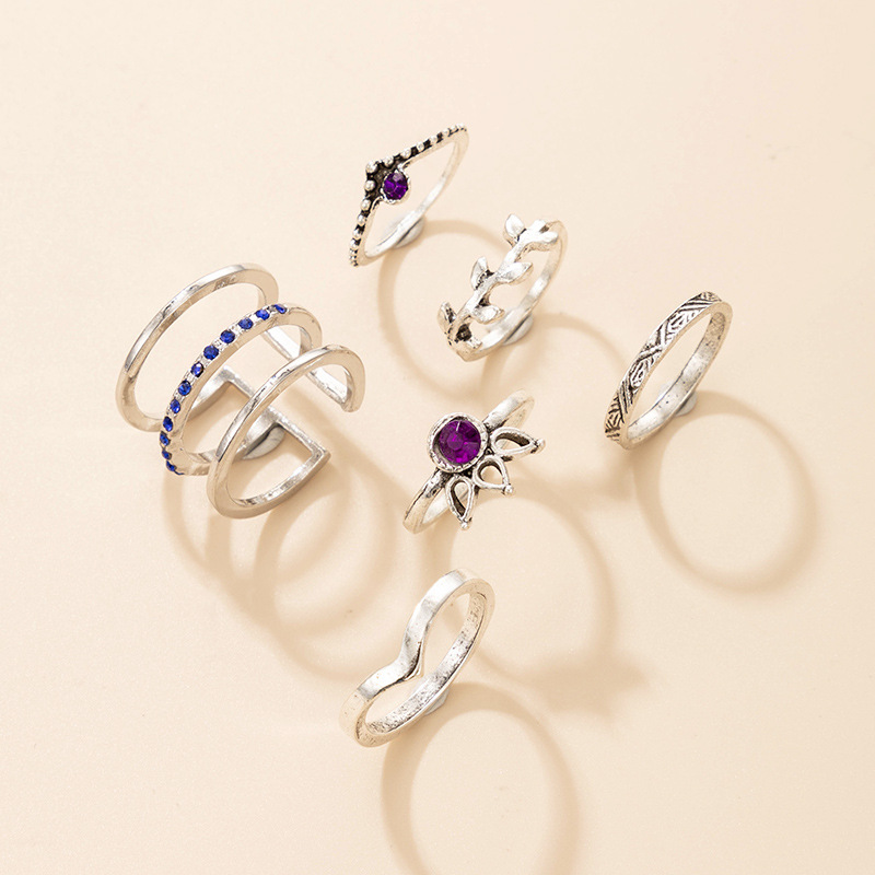 Fashion Jewelry Blue Purple Diamond Six-piece Geometric Leaf Hollow Alloy Ring Set display picture 1