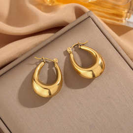 跨境欧美INS风不锈钢月牙耳环女金色钛钢法式复古耳圈耳扣批发