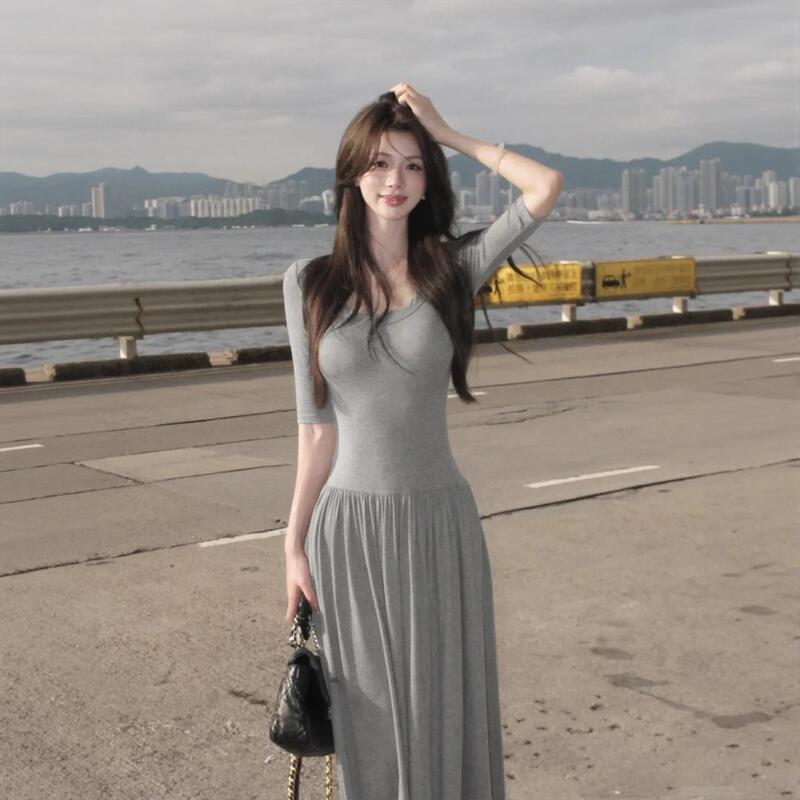 Gray Slim-Fit Short-Sleeve Long Dress, Slimming Dress for Women, Summer Hot Item 2026 New Model, High-End Women's Long Dress Gray Slim-Fit Short-Sleeve Long Dress, Slimming Dress for Women, Summer Hot Item 2026 New Model, High-End Women's Long Dress