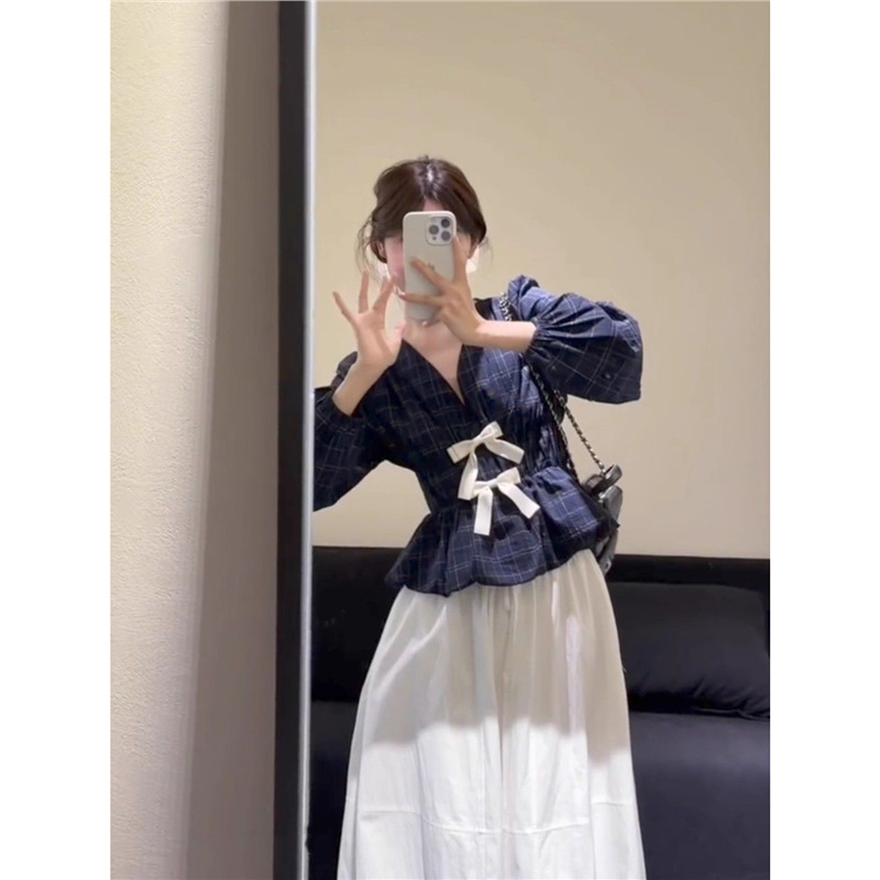 套装女2025秋季韩系温柔风V领长袖格纹衬衫上衣高腰半身裙两件套|undefined