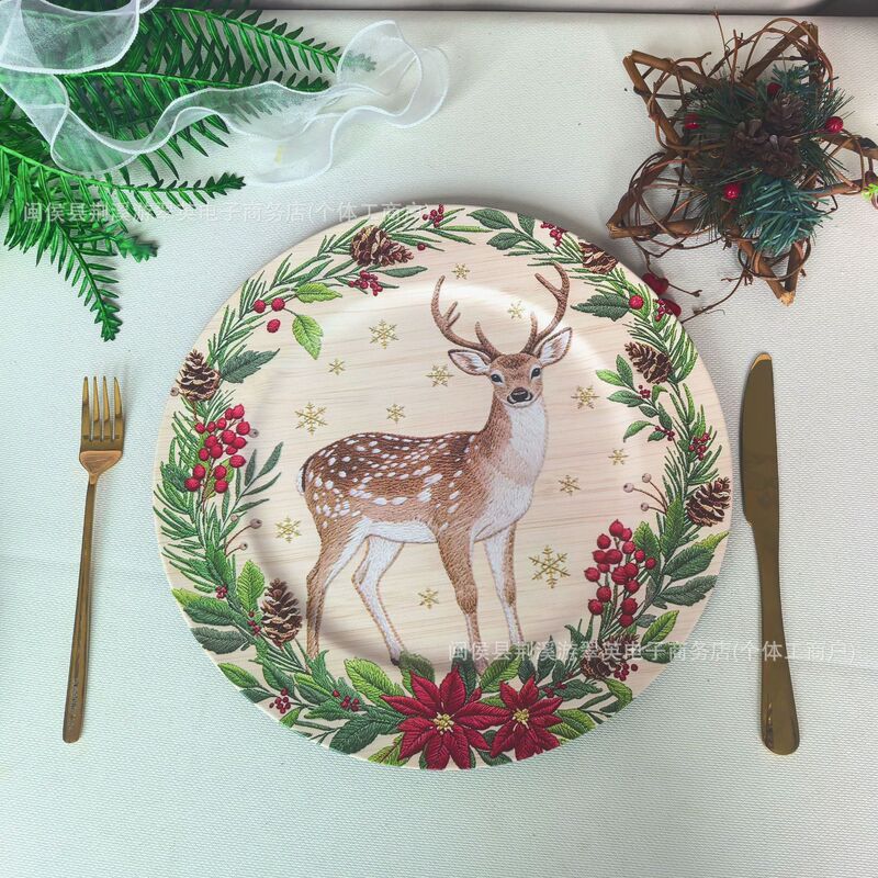 Cross-Border Charger Plates Christmas Imitation Wood Grain Yarn Decorative Plates Hotel Western Restaurant Placemats Factory Direct Delivery Cross-Border Charger Plates Christmas Imitation Wood Grain Yarn Decorative Plates Hotel Western Restaurant Placemats Factory Direct Delivery