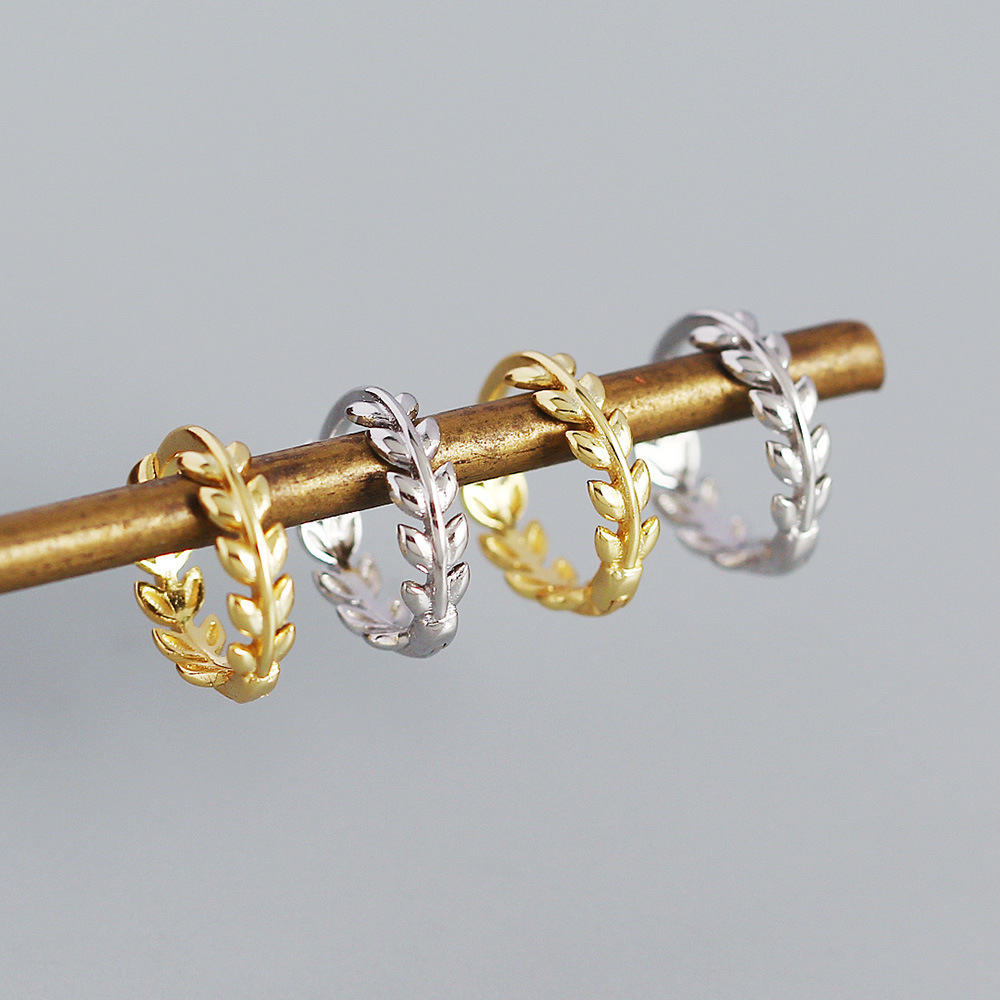 Plating Design 1 Pair 925 Sterling Silver Leaf Hoop Earrings
