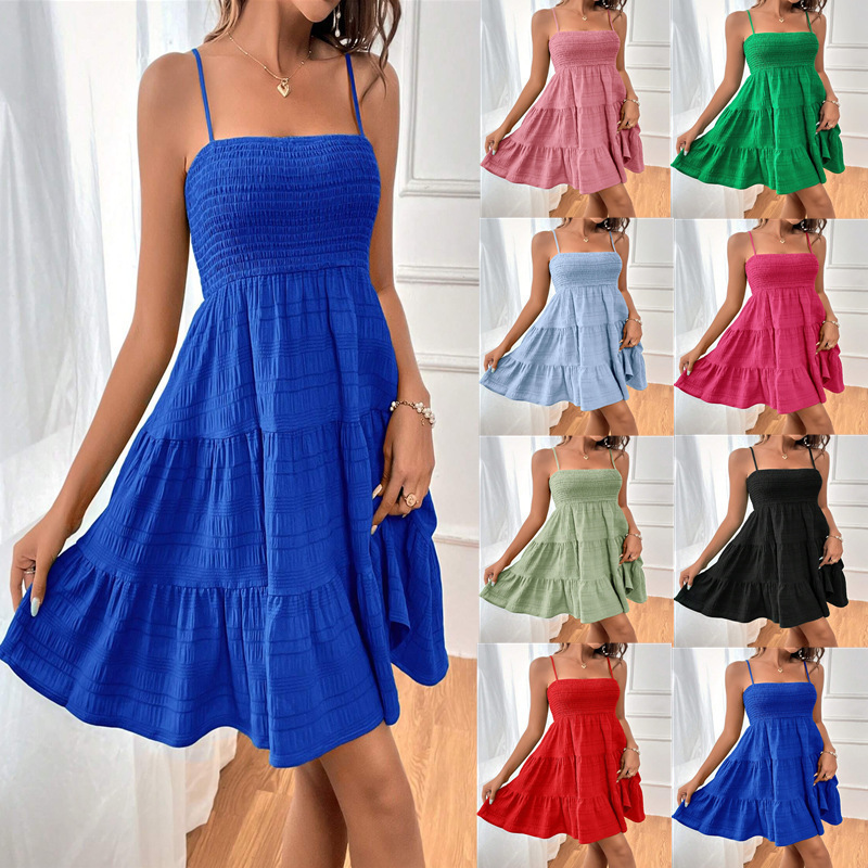 2024 European and American Amazon Cross-Border Women's Summer New One-Line Collar Thin Suspender Pure Color Versatile Texture Dress 2024 European and American Amazon Cross-Border Women's Summer New One-Line Collar Thin Suspender Pure Color Versatile Texture Dress