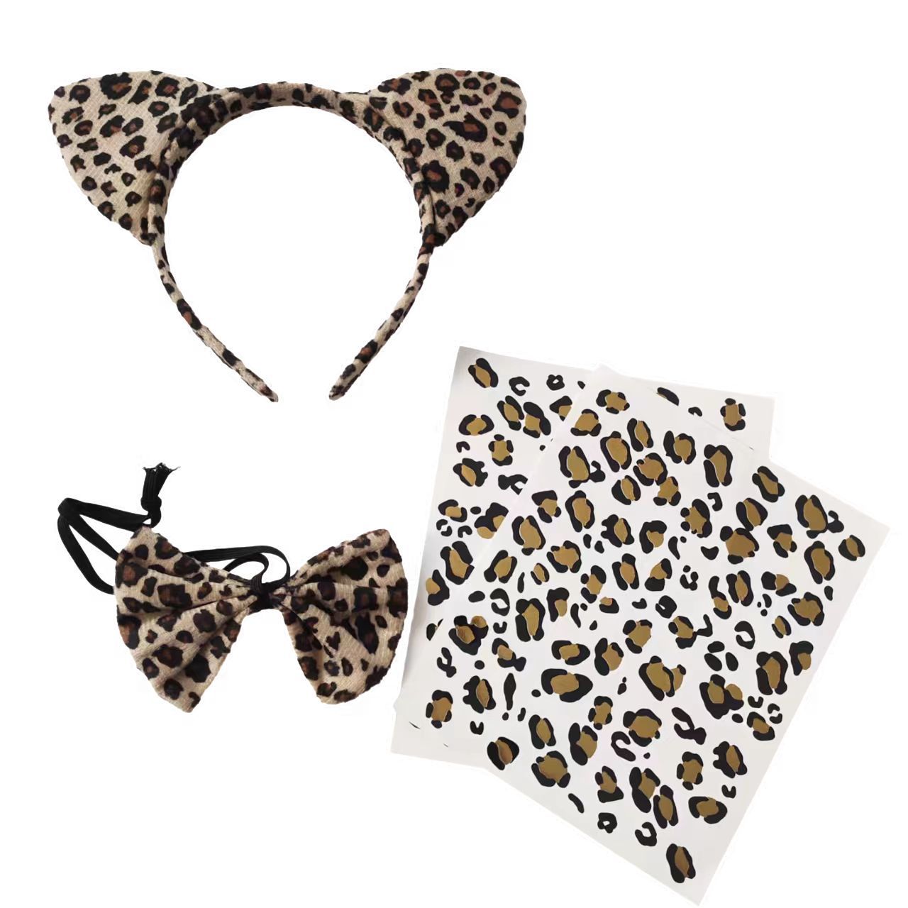 Esponja marrón orejas de leopardo + pajarita + 2 piezas bronceado leopardo impresión pegatinas