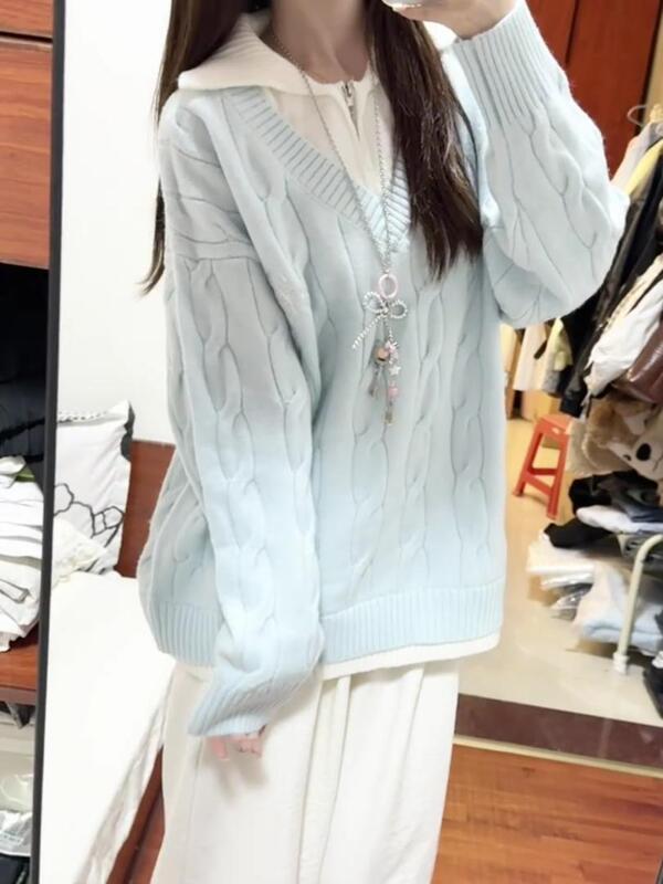 蓝色假两件翻领麻花毛衣女秋冬宽松慵懒风加厚时尚外穿针织衫上衣|undefined