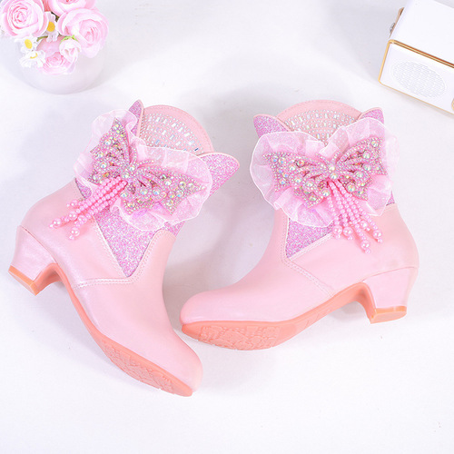 New Women's Children Princess Boots with High Heels Frozen Elsa Butterfly Bow Fleece Warm Children Mid-Calf Boots