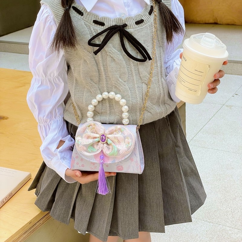 Hermoso bolso de arco de perla para niños nuevo estilo antiguo bolso de borda estilo chino colorido bolso de hombro con diamantes