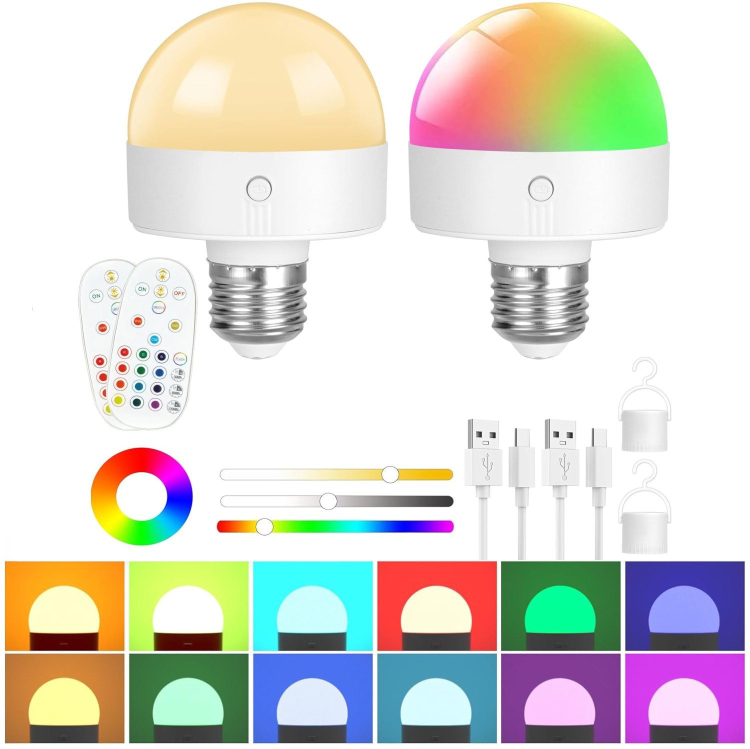 跨境亚马逊免布线壁灯台灯光源RGB充电式E26灯泡磁吸15色应急定时