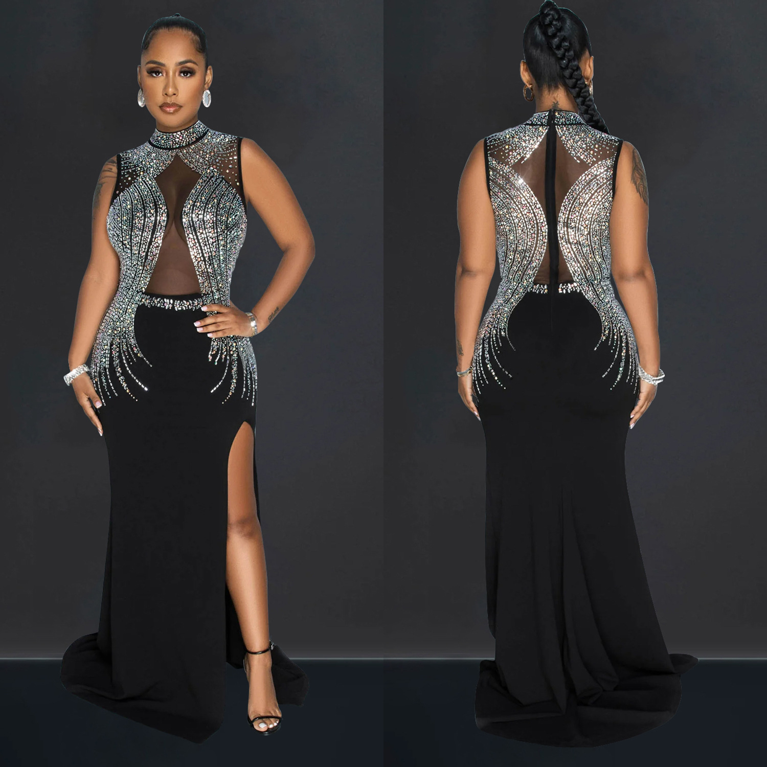 C6860 transfronterizo AliExpress Amazon de moda europea y americana de las mujeres de color sólido de malla de diamantes de imitación vestido partido vestido