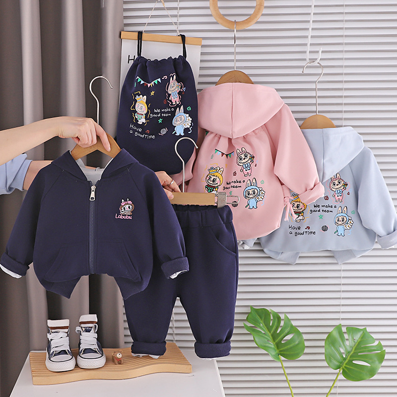 Foreign Trade Children's Clothing for Girls, New Spring and Autumn Stylish Cartoon Hooded Jacket for Baby Girls, Fashionable Bag, Spring Outfit Two-Piece Set