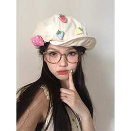 复古日系棉麻大头帽子甜妹立体草莓八角帽对称设计云朵画家贝雷帽