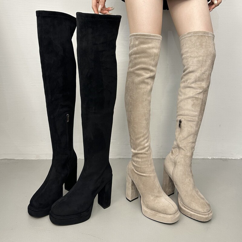 Short Women's High-Heeled Thick-Soled Stretch Boots for Autumn and Winter, with Chunky Heels, Round Toes, High-Tube Design, Slimming Over-The-Knee Boots with Waterproof Platform Short Women's High-Heeled Thick-Soled Stretch Boots for Autumn and Winter, with Chunky Heels, Round Toes, High-Tube Design, Slimming Over-The-Knee Boots with Waterproof Platform