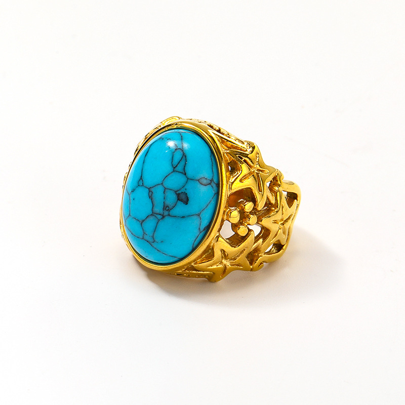 22g Weight Real Gold Plated Plating Material December Birthstone Turquoise Inlay Material Rings Classification 1 Piece Quantity Real Gold Plated Oval 304 Stainless Steel Retro Waterproof Non Tarnish Rings