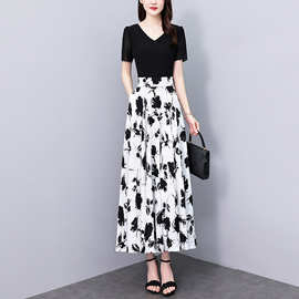 2024夏季新款时尚印花雪纺碎花连衣裙大码胖mm收腰显瘦遮肚长裙