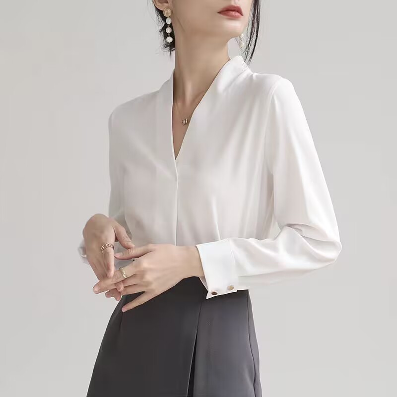 Collarless white shirt women's anti-wrinkle work clothes Top Autumn high-grade temperament chiffon V-neck professional long-sleeved shirt