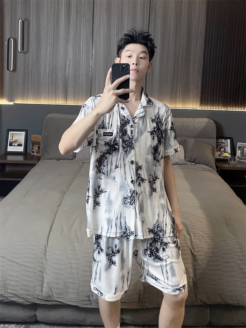 Summer New Plus Size Ice Silk Men's Pajamas Men's Loose Short-sleeved Shorts Summer Home Clothes for Students and Teenagers