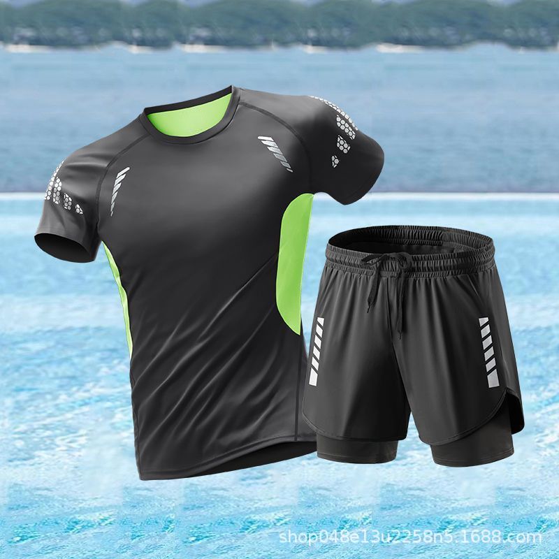 실크 그린 반팔 + DK70 블랙 더블 레이어 수영 트렁크