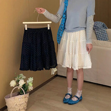 法式波点花边拼接短裙半身裙女春夏新款高腰A字裙层次感蛋糕裙子