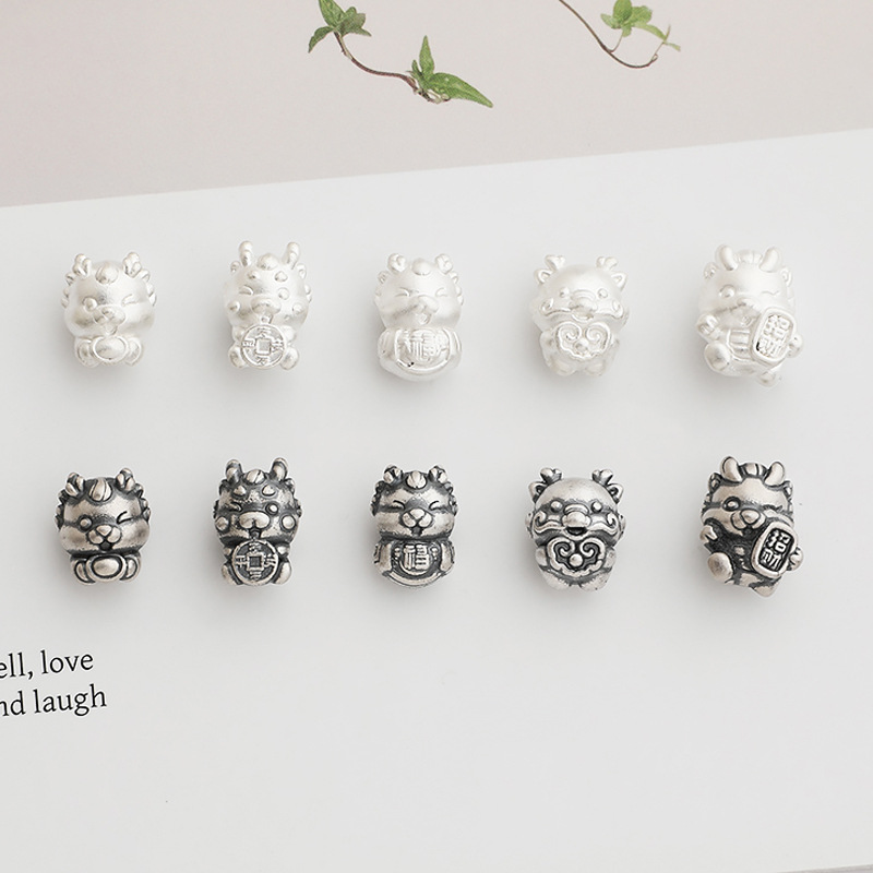 S999足銀3D硬銀龍年隔珠DIY串珠手鍊項鍊生肖龍寶寶散珠飾品配件