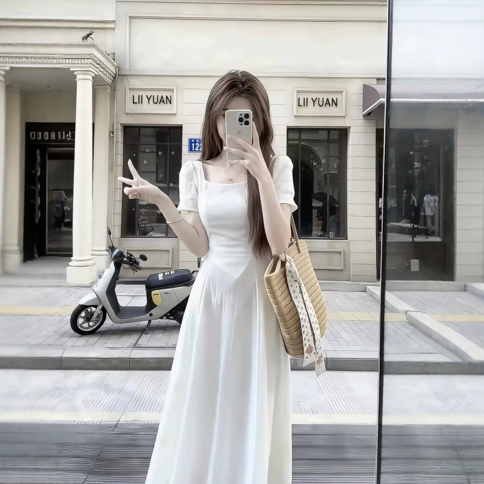 Váy dài nữ cổ vuông thắt eo tay ngắn kiểu Pháp — trắng chi tiết 1