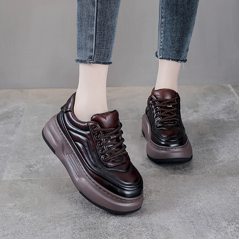 Top layer cowhide thick-soled shoes women's casual skate shoes 2025 spring and autumn new muffin genuine leather vintage bread women's shoes