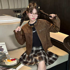 女童秋季麂皮绒外套2025新款女大童洋气秋装复古风美拉德短款夹克