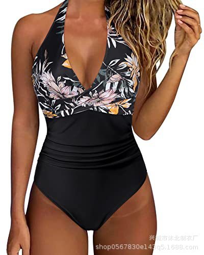 2024 Amazon Sexy traje de baño de una pieza de contracción del vientre de las mujeres Halter push up traje de baño