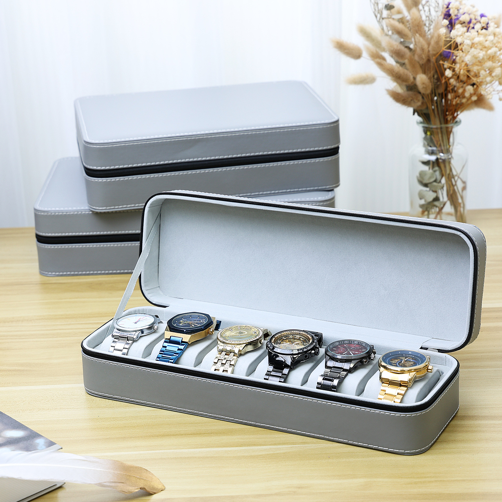 Ziyang Packaging Watch and Jewelry Box 6-Slot 10-Slot 12-Slot Storage Box Pu Leather High-Grade Gray Watch Box Accessories