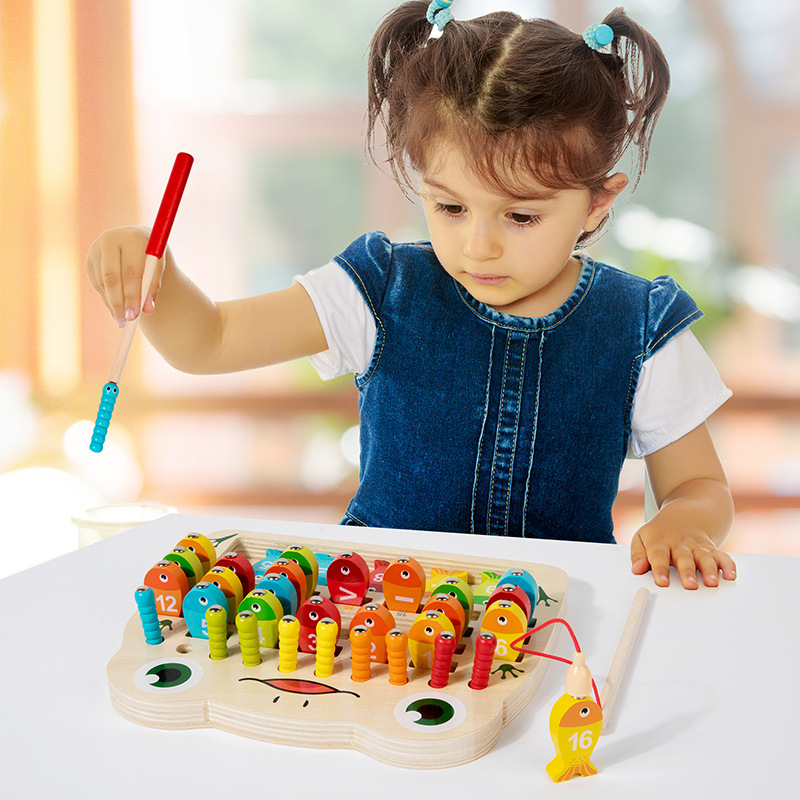 Educación temprana multifuncional para niños de madera, pesca magnética, forma de captura de insectos, coordinación mano-ojo, combinación de juguetes educativos cognitivos