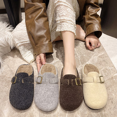 厚底時尚毛毛鞋加絨棉鞋包頭半拖外穿平底勃肯鞋女冬毛絨拖鞋