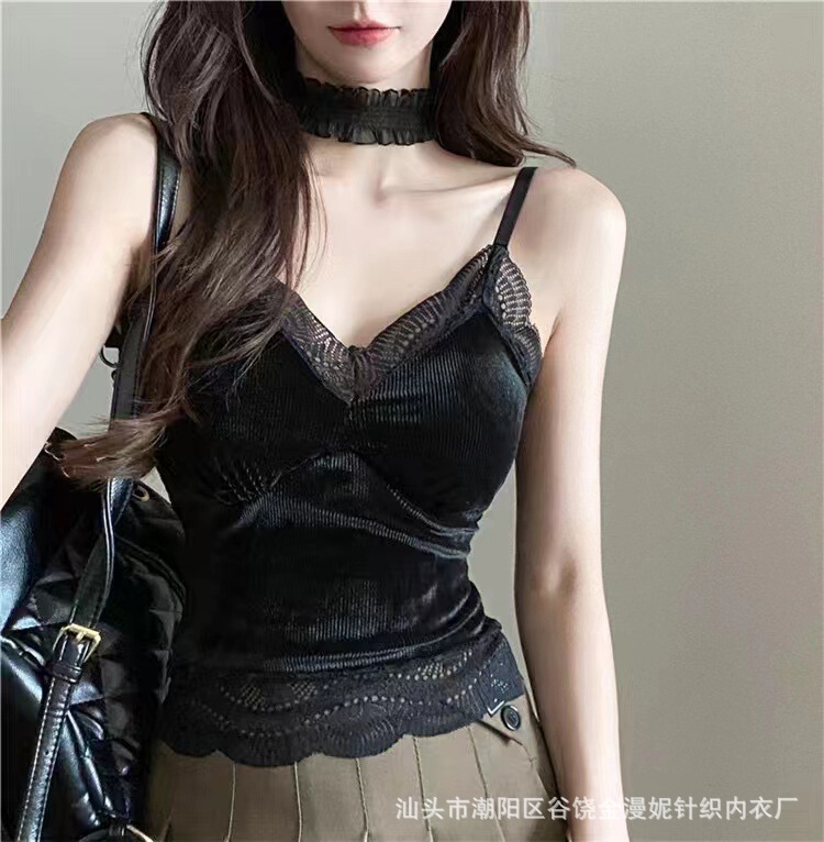 New French velvet lace camisole women's autumn and winter fur coat with chest pad socialite temperament top
