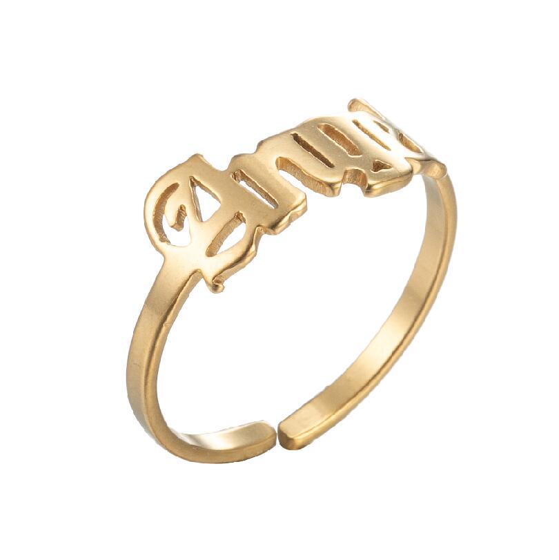 Festival Occasion 201 Stainless Steel Material Letter Pattern PVD Coated 18K Gold Real Gold Plated Letter 201 Stainless Steel Fashion Waterproof Non Tarnish Rings