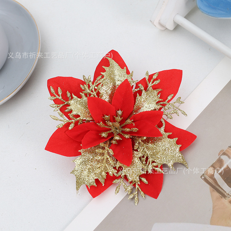 イチイの花頭 クリスマスツリー飾り シルクフラワーヘッド 越境人気商品 模造クリスマスフラワー 二重金粉|undefined