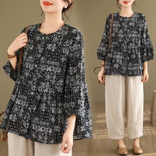 2024年春夏新款170斤胖妹妹韩版大码宽松下摆娃娃衫遮肚印花衬衣