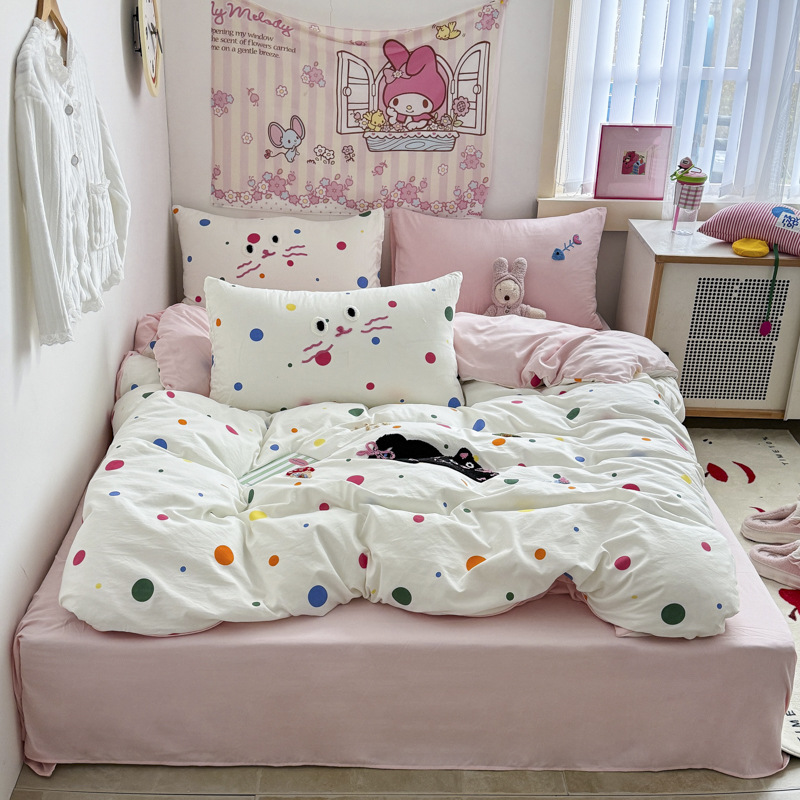 ins水洗棉床上四件套 卡毛巾绣糯糯棉床品床单被套学生宿舍三件套