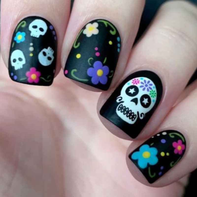 Halloween Nails Short Square Black Matte Colorful Flower Skull Print Removable Fake Nails Halloween Nails Short Square Black Matte Colorful Flower Skull Print Removable Fake Nails