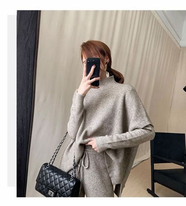 Spring New Lazy Style Casual Loose Waist High Collar Sweater Wide Leg Pants Knitted Women s Piece Set_voghion.com