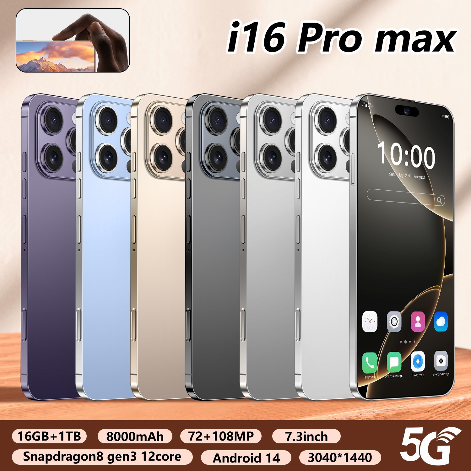 New境Mobile Phone I16 Pro Max 4g 16+1t Android 15 7.3inch Cross-Border Smartphone